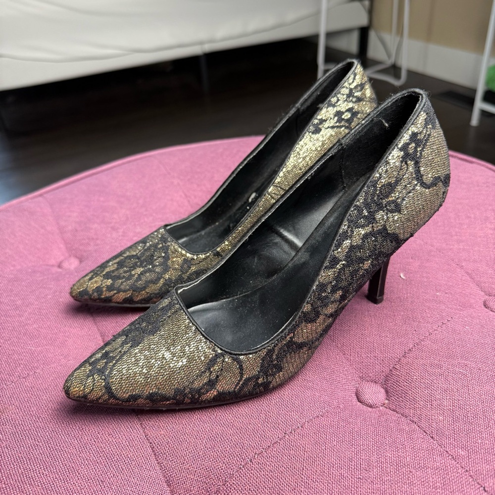 Vintage Le Château Lace Metallic Black and Gold Heels Y2K Vintage Size‎ 8 - Picture 2 of 8